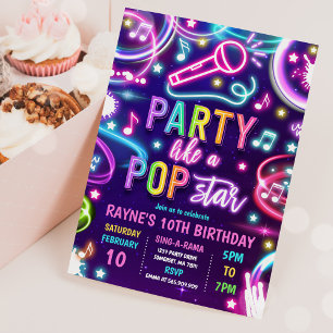 Neon Glow Pop Star Dance Music Födelsedagsfest Inbjudningar