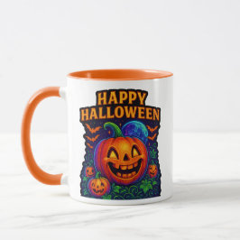 Neon Glow Pumpkin "Happy halloween" Mugg