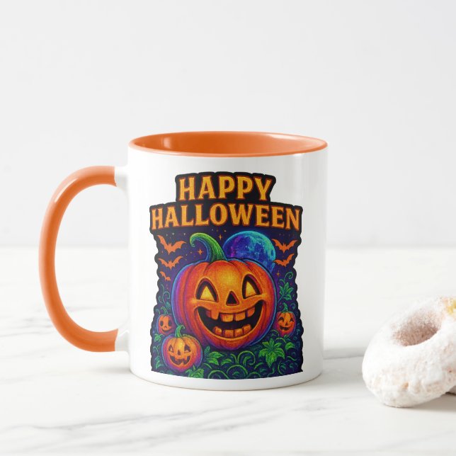 Neon Glow Pumpkin "Happy halloween" Mugg (Med munk)
