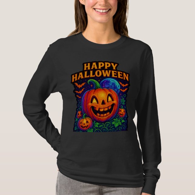 Neon Glow Pumpkin "Happy halloween" T Shirt (Framsida)