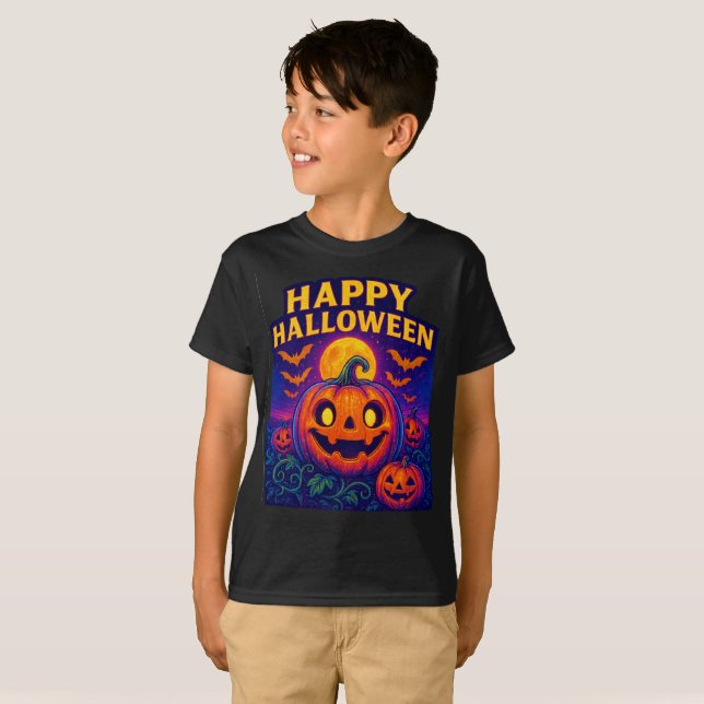 Neon Glow Pumpkin "Happy halloween" T Shirt (Hel framsida)