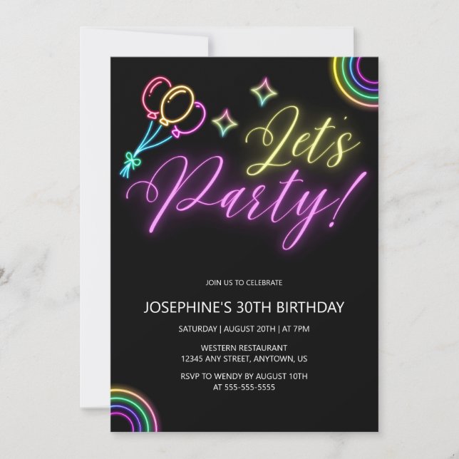 Neon Glow Rainbow Balloon Birthday Inbjudningar (Framsida)