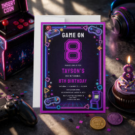 Neon Glow Retro Arkadspel 8-års födelsedag Inbjudningar