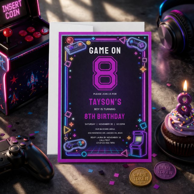 Neon Glow Retro Arkadspel 8-års födelsedag Inbjudningar (Neon Glow Retro Arcade Gaming 8th Birthday Invitation
)
