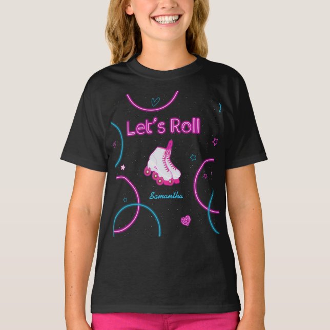 Neon Glow Roller Skating Låt oss Roll Birthday T Shirt (Framsida)
