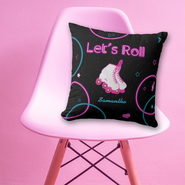 Neon Glow Roller Skating Låt oss Roll Girl Kudde (Neon Glow Roller Skating Let's Roll Girl Throw Pillow)
