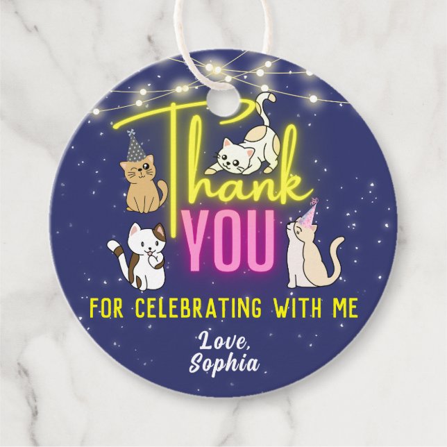 Neon Glow Rosa Gult Cute Cats Party Tack Gåvor Etiketter (Framsida)