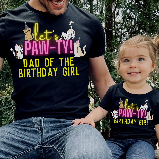 Neon Glow Rosa Låt oss Pawty Cute Cats Family T Shirt (Skapare uppladdad)