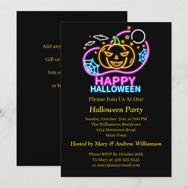 Neon Glow Se Halloween Pumpkin Fladdermöss Webben  Inbjudningar (Fram/baksida)