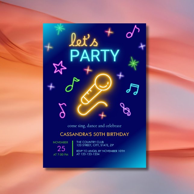 Neon Glow Singing Karaoke Birthday Inbjudningar (Skapare uppladdad)