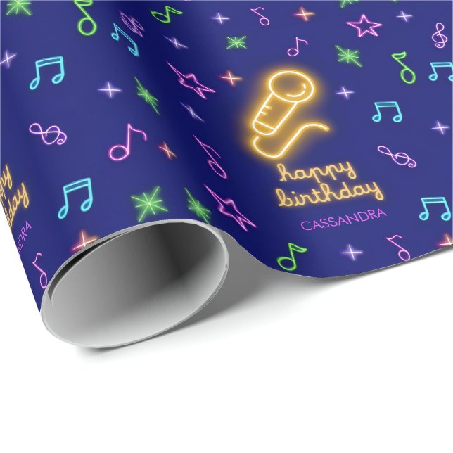 Neon Glow Singing Karaoke Namn Birthday Presentpapper (Rullad Hörn)