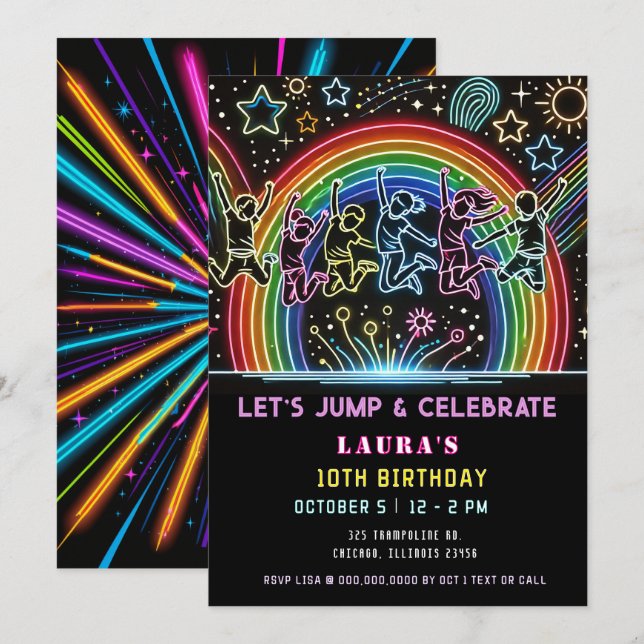 Neon Glow Trampoline Jump Bounthday Inbjudningar (Fram/baksida)