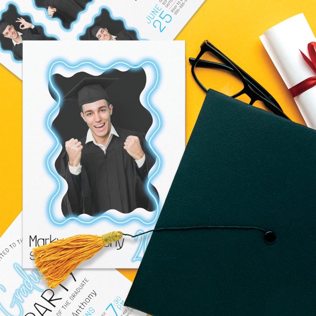 Neon Glow Vågigt Gräns Photo Studentfest Inbjudningar (Skapare uppladdad)