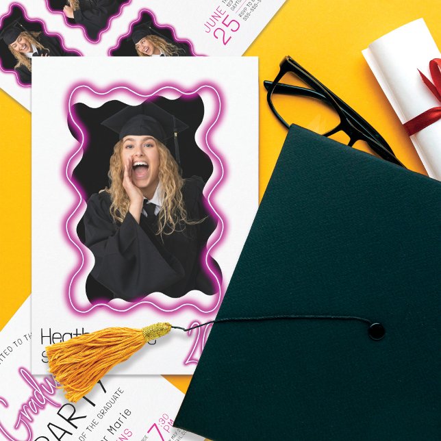 Neon Glow Vågigt Gräns Photo Studentfest Inbjudningar (Skapare uppladdad)