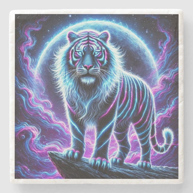 Neon Glowing Tiger Marble Stone Underlägg design. (Framsidan)