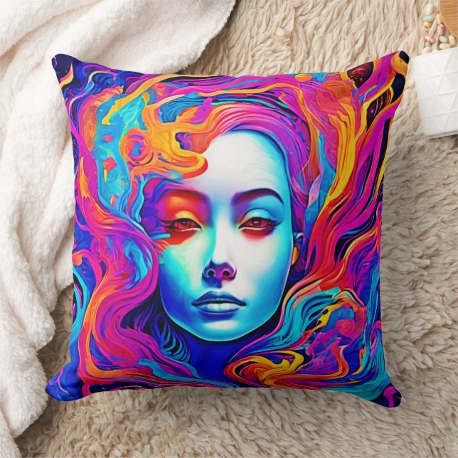 Neon Goddess Flowing Cosmic Hair Kudde (Filt)