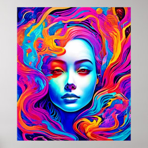 Neon Goddess Flowing Cosmic Hair Poster