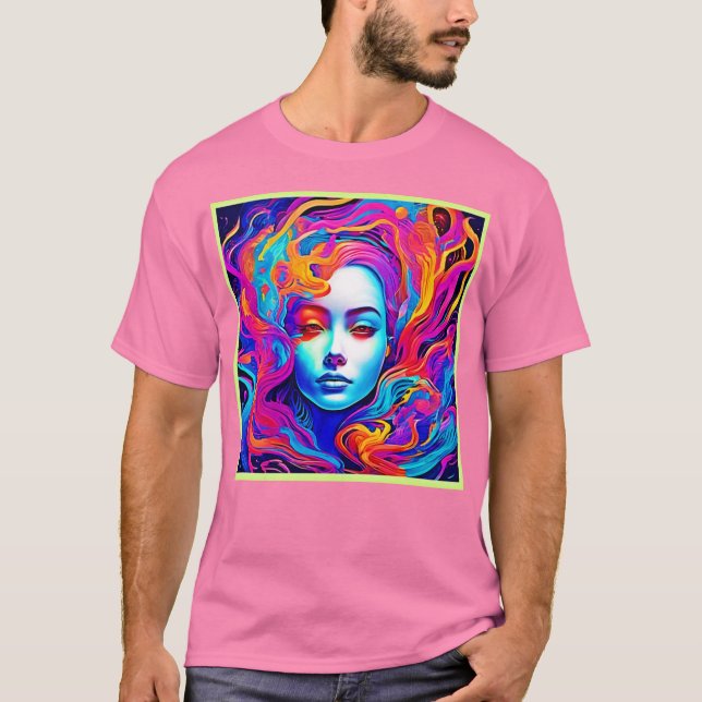 Neon Goddess Flowing Cosmic Hair T Shirt (Framsida)
