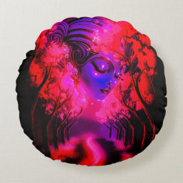 Neon Goddess in Enchanted Forest Rund Kudde