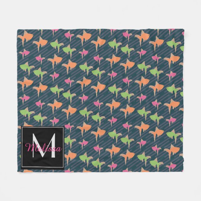Neon Goldfish Colorful Roligt Monogram eget namn Fleecefilt (Framsidan (Horisontell))