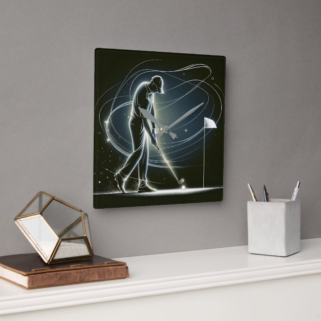 Neon Golfer Pshing Boll Fyrkantig Klocka (Kontor)