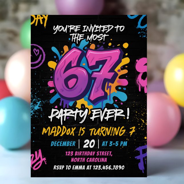 Neon Graffiti 6 7 Meme Trend Six Seven Birthday Inbjudningar (Skapare uppladdad)
