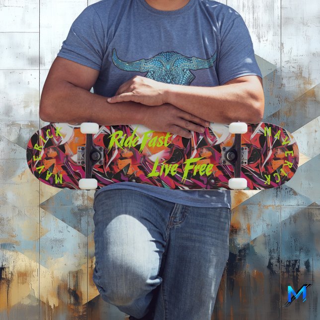 Neon Graffiti & gul 'Ride Fast Live Free' devis Mini Skateboard Bräda 18,5 Cm (Skapare uppladdad)