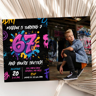 Neon Graffiti Sex Sju Barn 7-års Födelsedagsfoto Inbjudningar
