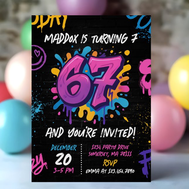 Neon Graffiti Six Seven Kids 7th Birthday Party Inbjudningar (Skapare uppladdad)