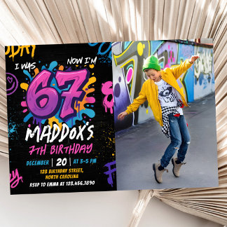 Neon Graffiti Six Seven Kids 7th Birthday Photo Inbjudningar