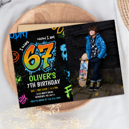 Neon Graffiti Six Seven Kids 7th Birthday Photo Inbjudningar
