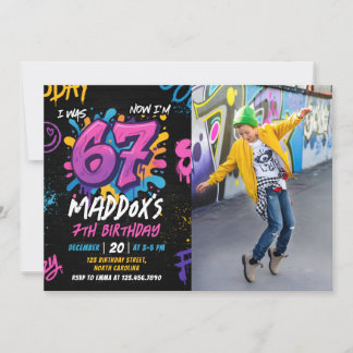 Neon Graffiti Six Seven Kids 7th Birthday Photo Inbjudningar