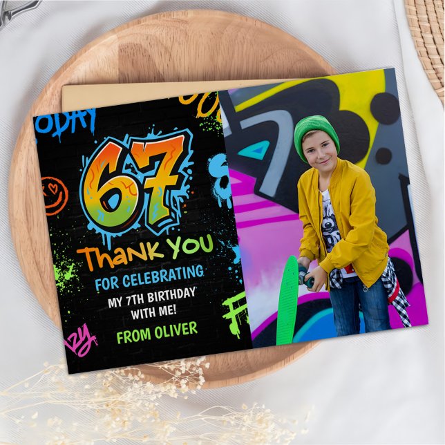 Neon Graffiti Six Seven Kids 7th Birthday Photo Tack Kort (Skapare uppladdad)