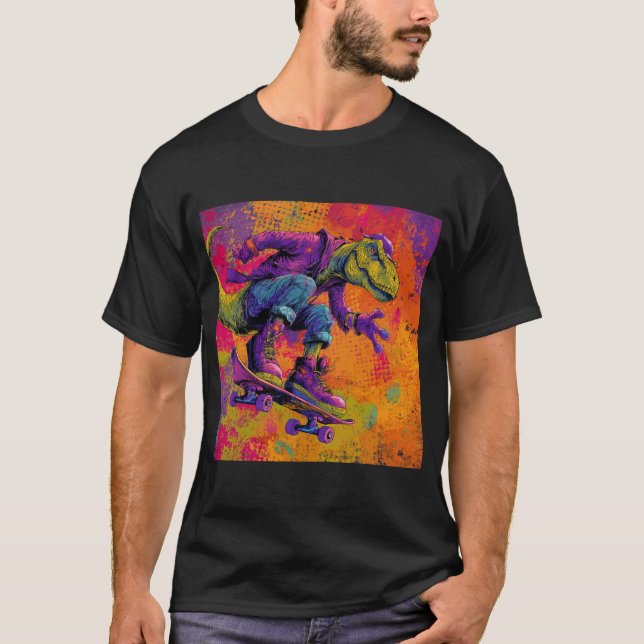 Neon Graffiti T-Rex Skate Trick T Shirt (Framsida)