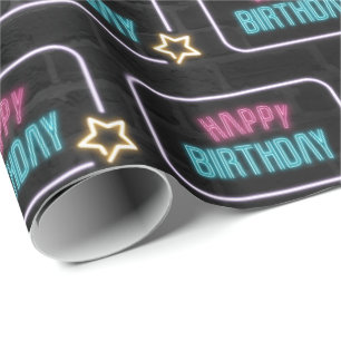 Neon Grattis på födelsedagen Marquee on Brick Presentpapper