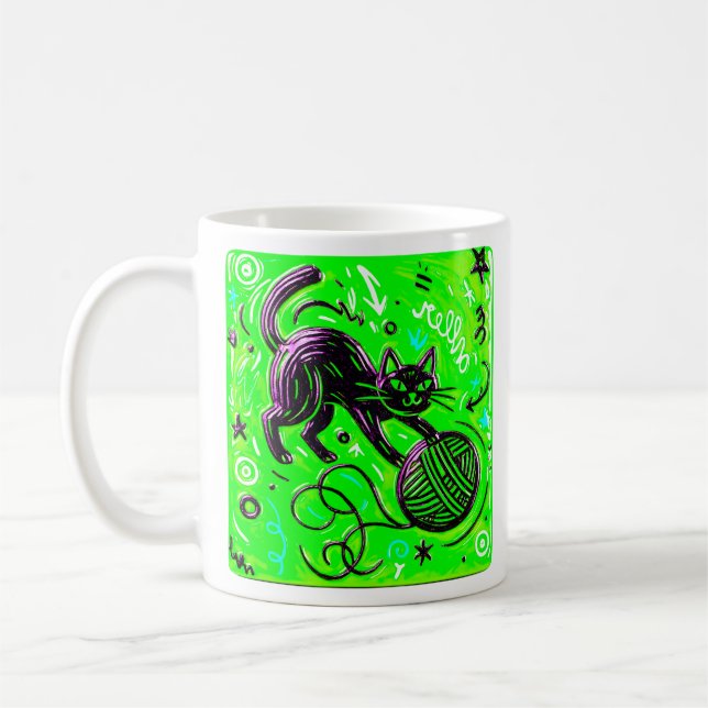 Neon Green Cat Kaffemugg (Vänster)