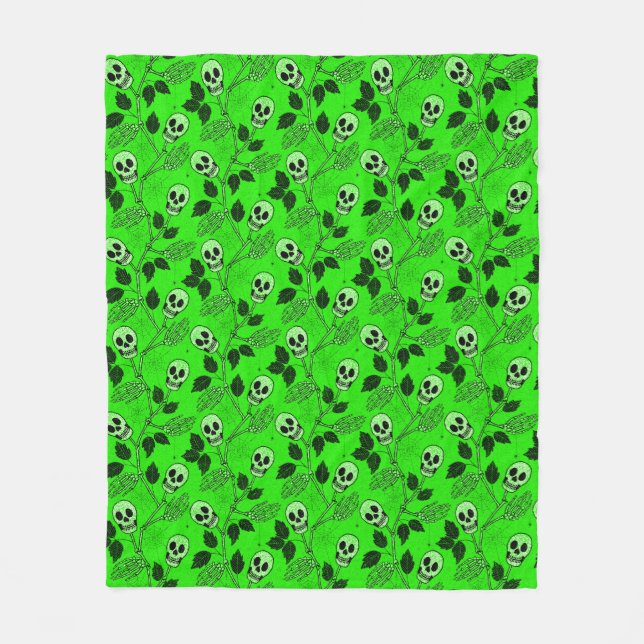 Neon Green Floral Gothic Skull  Fleecefilt (Framsidan)