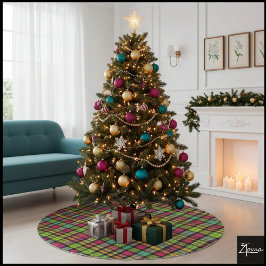 Neon Green Pink Plaid Cyberpunk Tartan Julgransmatta Borstad Polyester