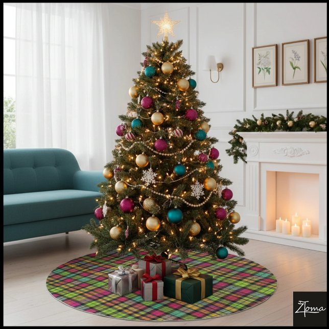 Neon Green Pink Plaid Cyberpunk Tartan Julgransmatta Borstad Polyester (Skapare uppladdad)