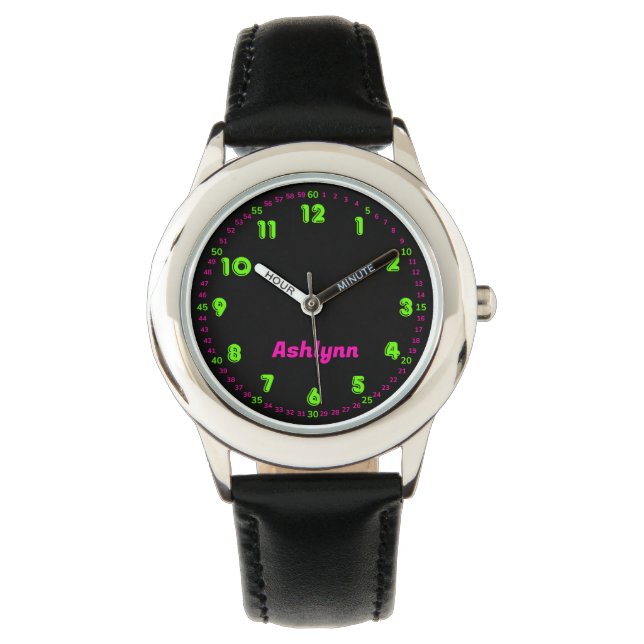 Neon Green & Pink Time-Teaching Kids Learning  Armbandsur (Framsida)