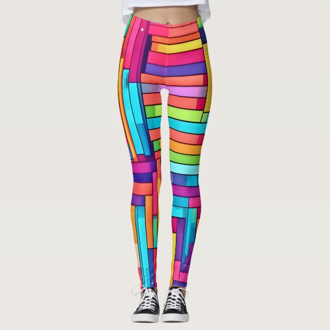 Neon Grid - Färgfull Abstrakt Mosaic Leggings (Framsida)
