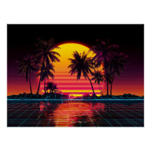Neon Grid Palm Solnedgång