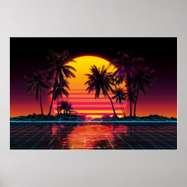 Neon Grid Palm Solnedgång Poster