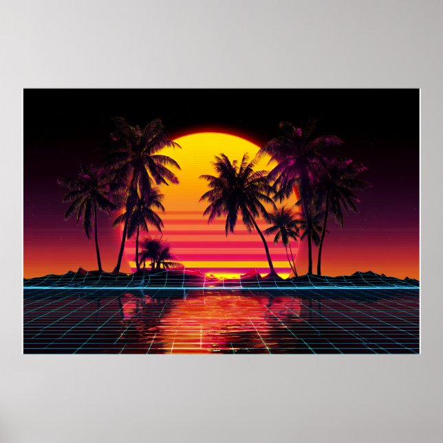 Neon Grid Palm Solnedgång Poster (Framsidan)