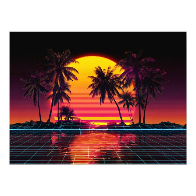 Neon Grid Palm Sunset Fototryck (Framsidan)