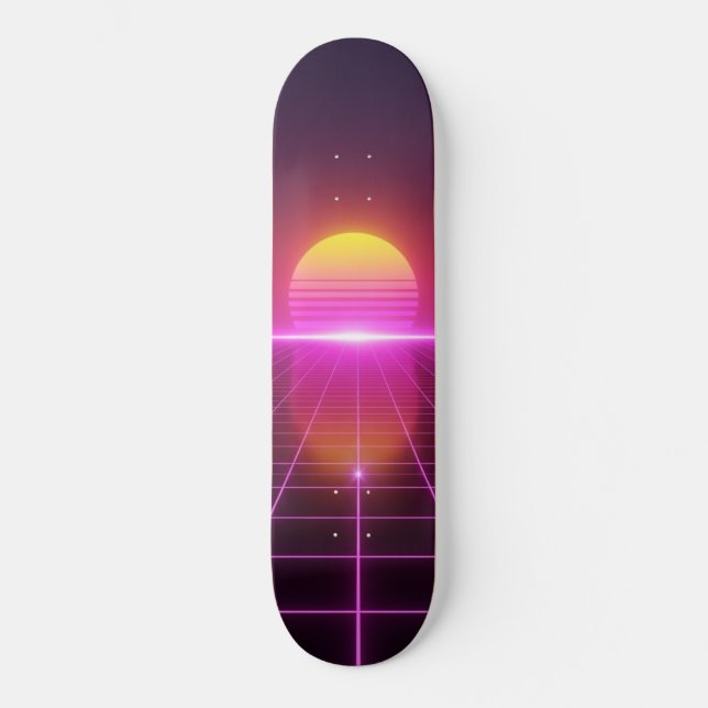 Neon Grid Solnedgång Synthwave Skateboard (Framsida)