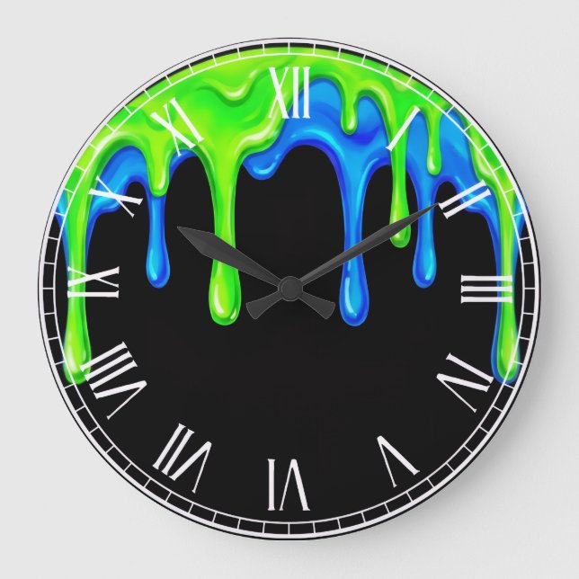 Neon Grön & Blå Slime Dropp Svart Gamer Graffiti  Stor Klocka (Framsida)