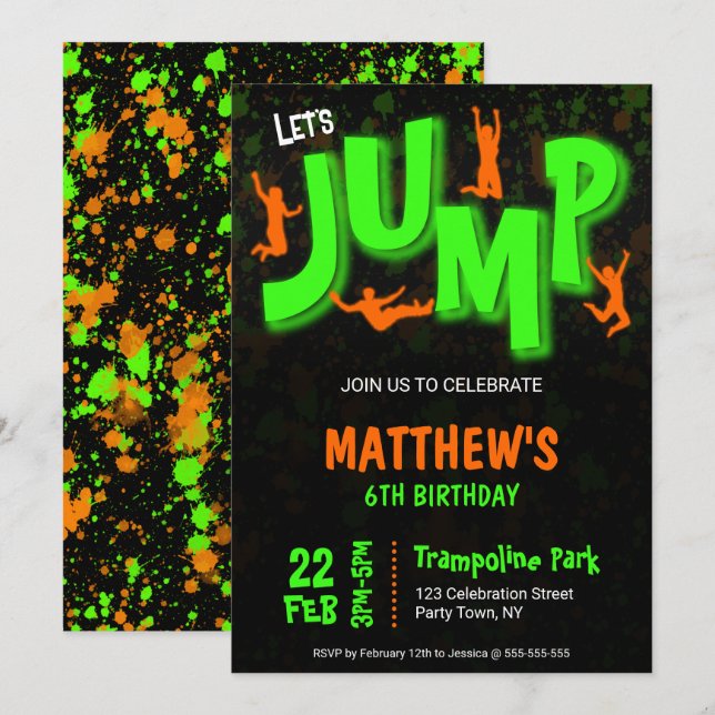 Neon Grön Orange Färg Trampolin Fest Födelsedag Inbjudningar (Fram/baksida)