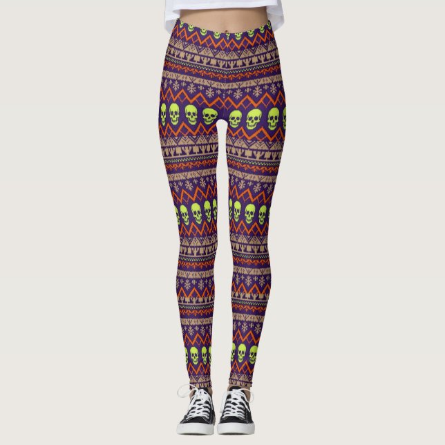 Neon Grön Skalle Fair Isle Halloween  Leggings (Framsida)