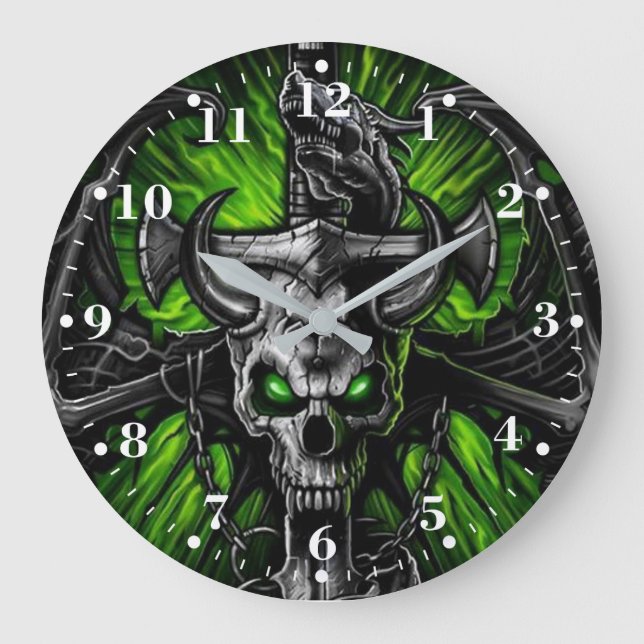 Neon Grönt Black Gothic Skull Winged Monster Stor Klocka (Framsida)